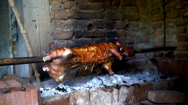 猪在烤肉叉上烤视频下载