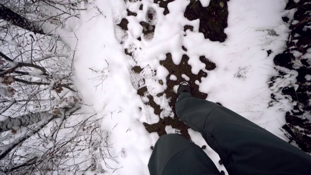 冬天在树林里狭窄的山路上行走的徒步旅行者视频素材