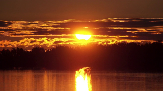 近距离观察森林顶部的橙色日出与河上的倒影视频素材