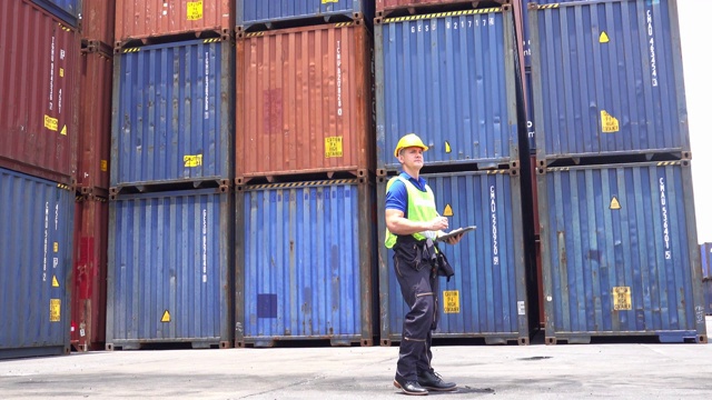 4k尺的检验员或工程师在工厂工作，带集装箱用于物流进出口业务视频下载