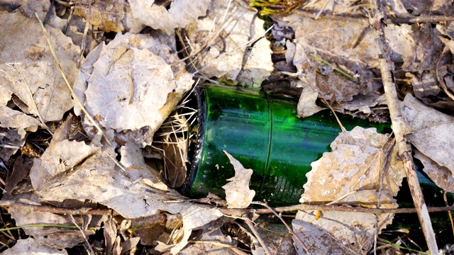 枯叶覆盖着地上的绿瓶子视频素材