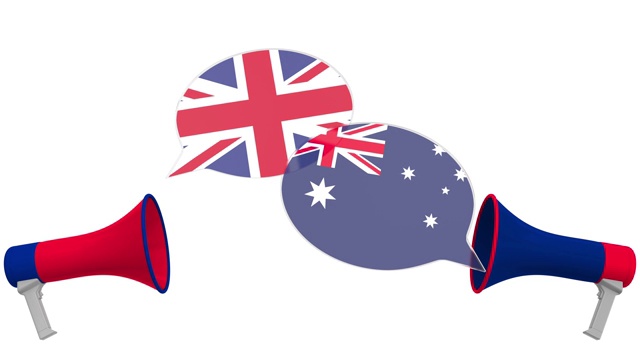 喇叭里的气球上挂着澳大利亚和英国的国旗。3D动画相关的跨文化对话或国际对话视频下载