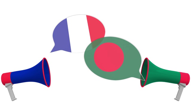 喇叭里的气球上挂着孟加拉国和法国的国旗。3D动画相关的跨文化对话或国际对话视频下载