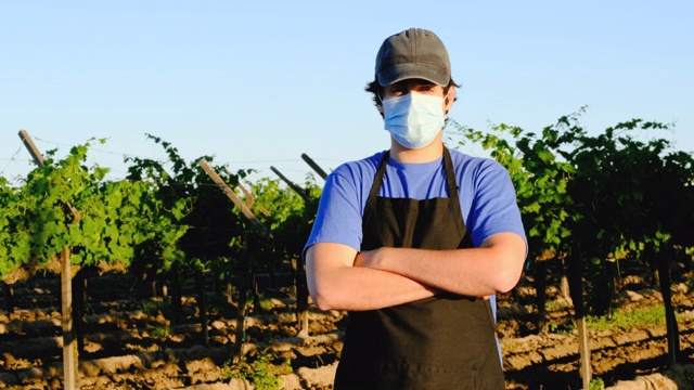 年轻的农场工人戴着保护面罩，看着镜头摆姿势视频素材