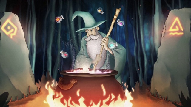 一个老巫师在沸腾的锅上制作药水的抽象动画，有飞行的奇怪的成分和一束明亮的光上升。资料片。魔法和仪式概念视频下载