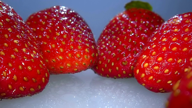 镜头慢慢地移向一排排多汁、美味、美丽的草莓果实视频素材