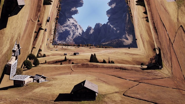 超现实主义的空中镜头在意大利白云石弯曲景观创造隧道效果。视频下载
