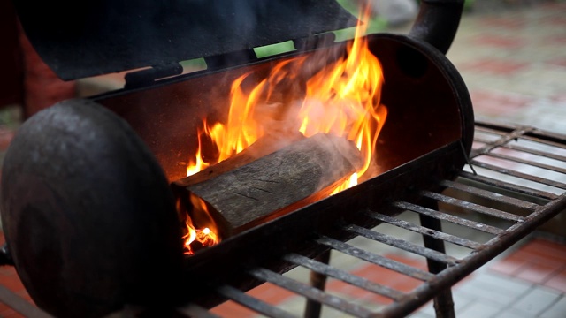 室外燃烧木柴的特写镜头。天然木火烤肉串。为炸肉准备的煤。视频素材