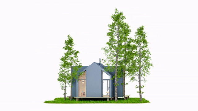生态友好型住宅的概念，一个绿色草坪上的小房子，后面有一个旋转的风力发电机。无缝循环3d渲染动画的白色背景。视频素材
