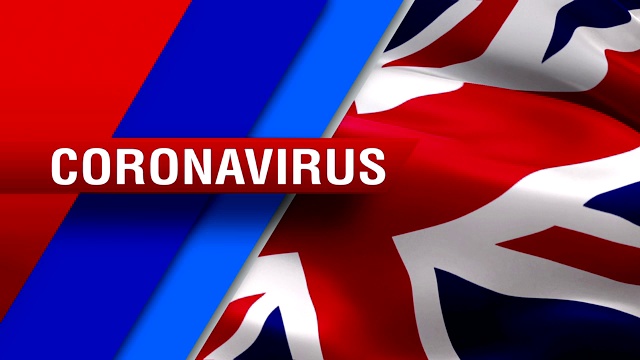 冠状病毒文字在风中飘扬的英国国旗视频。现实的英国国旗背景。冠状病毒概念背景英国旗帜循环特写1080p全高清1920X1080镜头视频素材