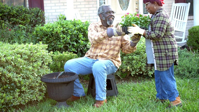 一对老非裔美国夫妇在一个大花盆里种花视频素材