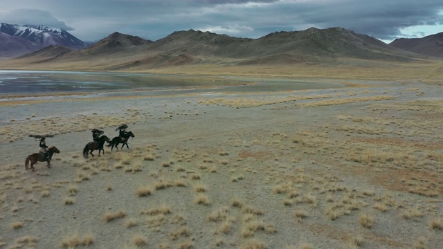 鸟瞰蒙古湖附近的猎鹰者视频素材