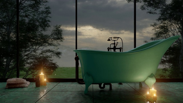 雨天家庭浴室的白天渲染与浴缸和自然景观视频下载