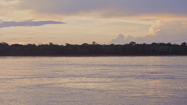 日落时分，秘鲁的亚马逊河流经雨林视频下载