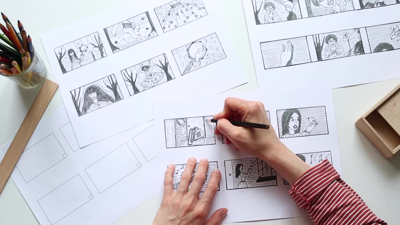 动画师画一个漫画书的故事板。插图画家为电影绘制草图。视频下载