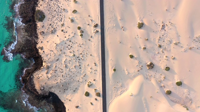 西班牙，加那利群岛，富埃特文图拉，穿过Corralejo沙丘自然公园的道路鸟瞰图视频素材