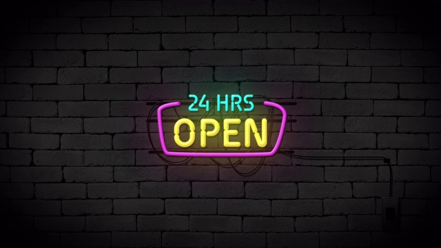砖墙背景上的24小时霓虹灯招牌。业务和服务理念。视频下载