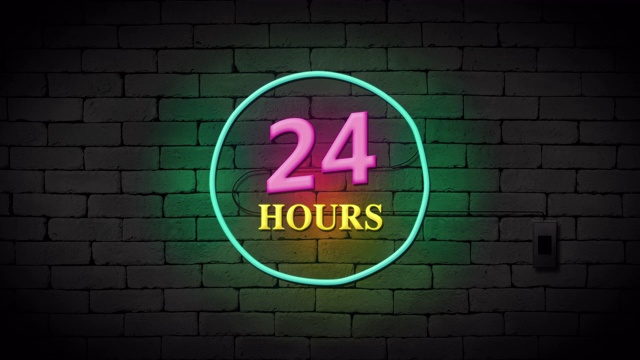 砖墙背景上的24小时霓虹灯。业务和服务理念。视频下载