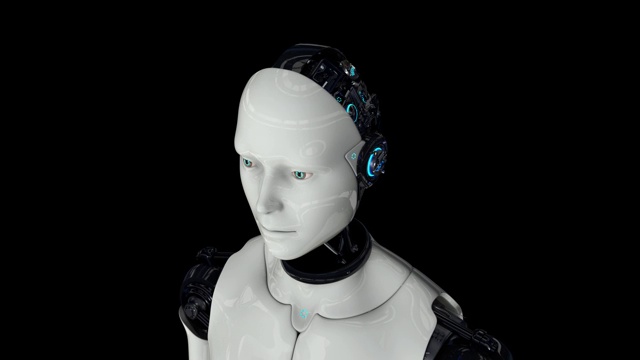 人形机器人是活跃的。人工智能。摄像机绕着机器人飞。4 k。3 d动画。在黑色的背景上。视频下载
