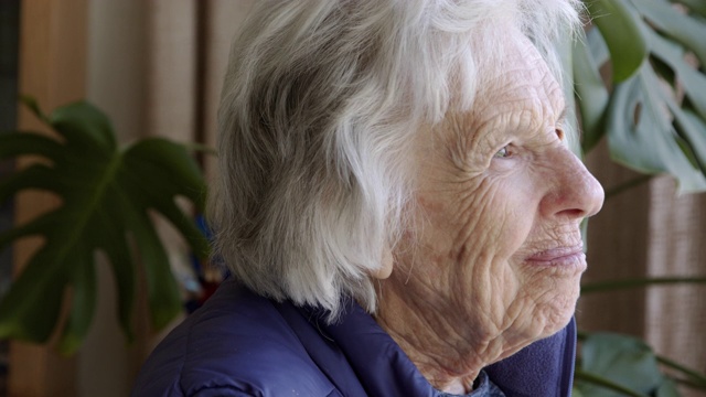 特写镜头的一个快乐，舒适的老年白人妇女在室内看着窗外在夏天视频素材