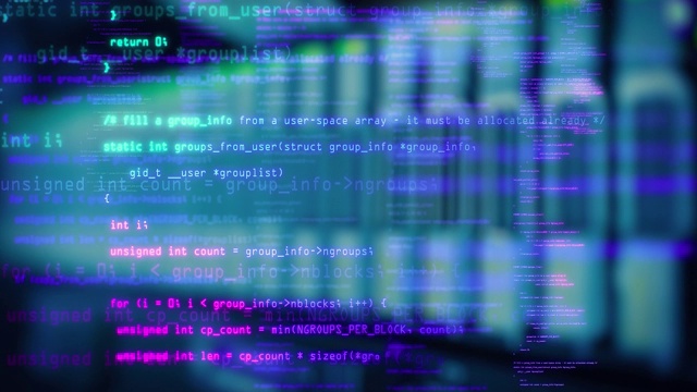 数据流动画技术。抽象程序代码块是在旧屏幕显示器上编写和移动的。蓝色和紫色的代码。IT、软件开发和黑客概念。加密的安全代码视频素材