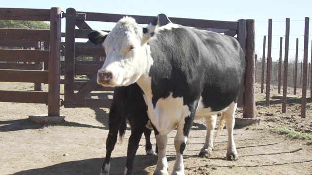 农场院子里等着挤奶的奶牛视频素材
