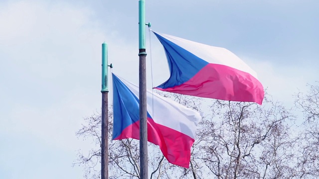 捷克国旗在阳光明媚的天气中随风飘扬。视频下载