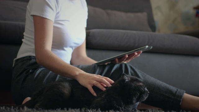 一名女子用平板电脑抚摸她的宠物视频素材