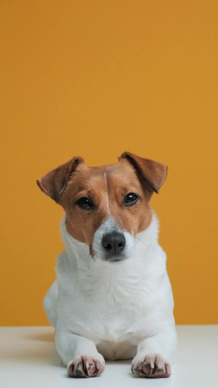 狗狗品种杰克罗素梗坐在白色的表面狗博主看着相机黄色的背景。宠物。屏幕垂直方向9:16。垂直视频的故事和社交网络视频素材