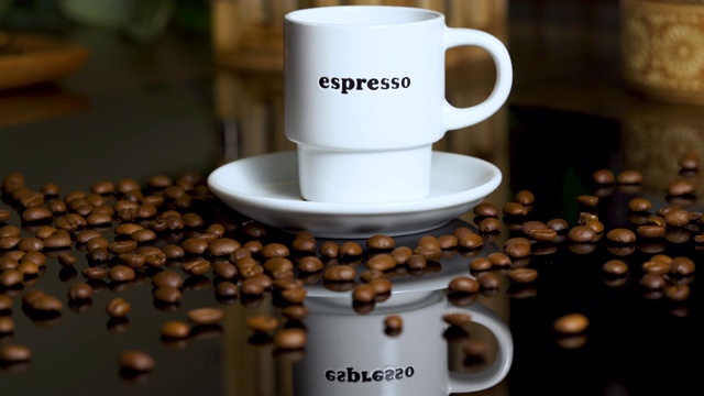 咖啡，白咖啡杯和咖啡豆的慢镜头视频下载