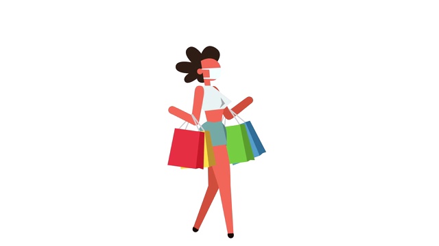 Stick Figure彩色象形图Woman Girl Character在外科手术面具行走购物商店出售卡通动画视频下载