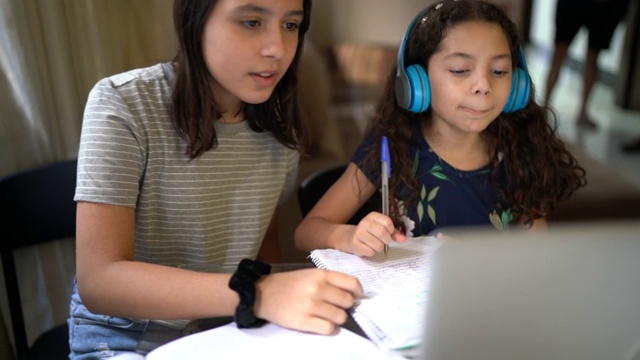 姐妹们一起学习，在家里使用笔记本电脑在线上课视频素材