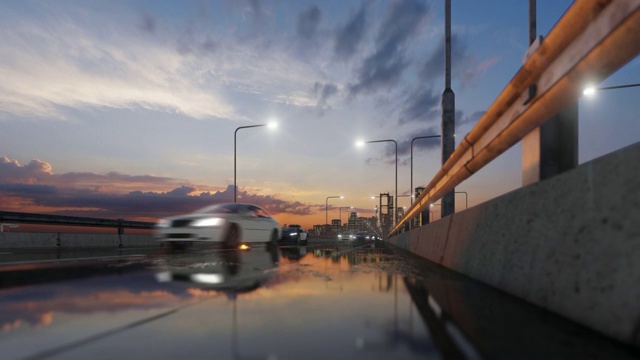 日落时分，在潮湿的高速公路上的交通，移动的摄像机视频下载