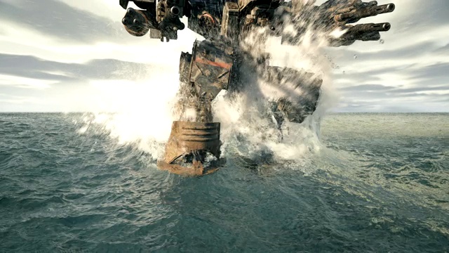 一个军用机器人在水面上行走。未来启示录的概念。用于军事、未来或虚构背景的动画。视频素材
