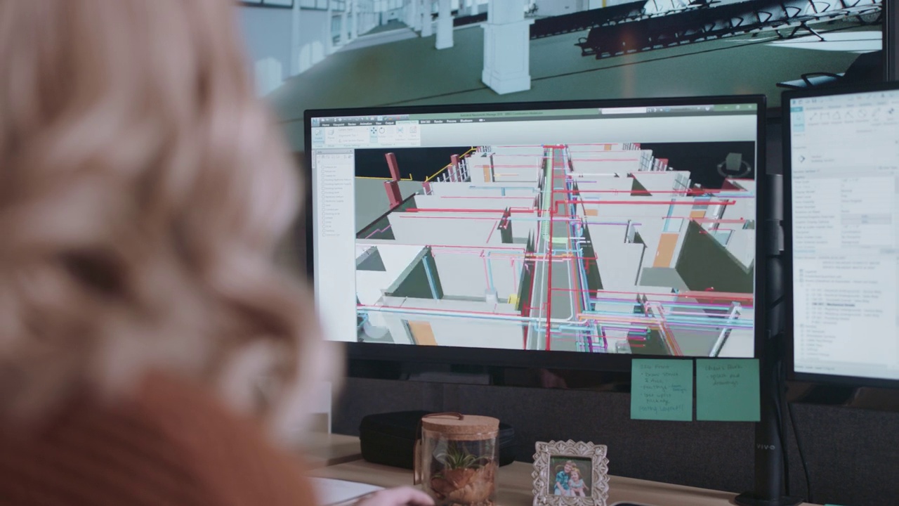 CU设计师在她的电脑显示器上分析3D建筑蓝图视频素材