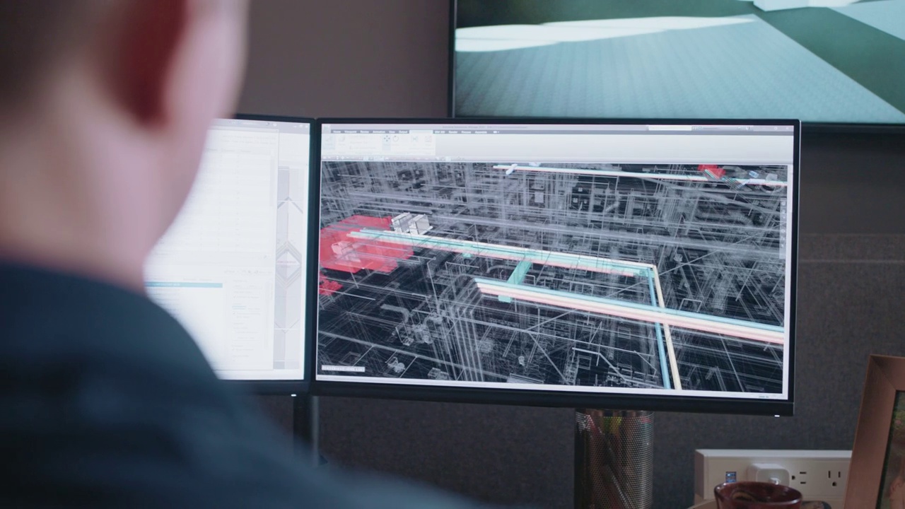 设计师的CU工作在大的和小的数字显示器上显示的3D蓝图模型视频素材
