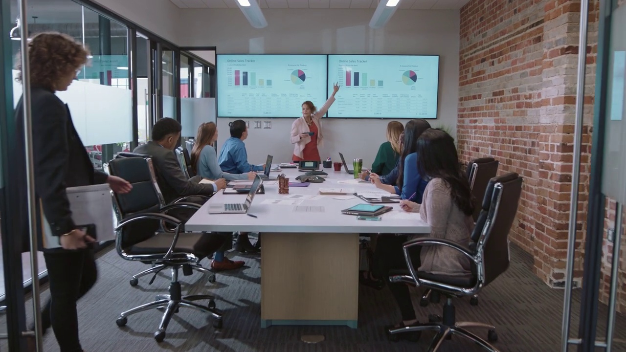 一个自信的女商人在一个重要的团队会议上带领着一群不同的商业伙伴视频下载