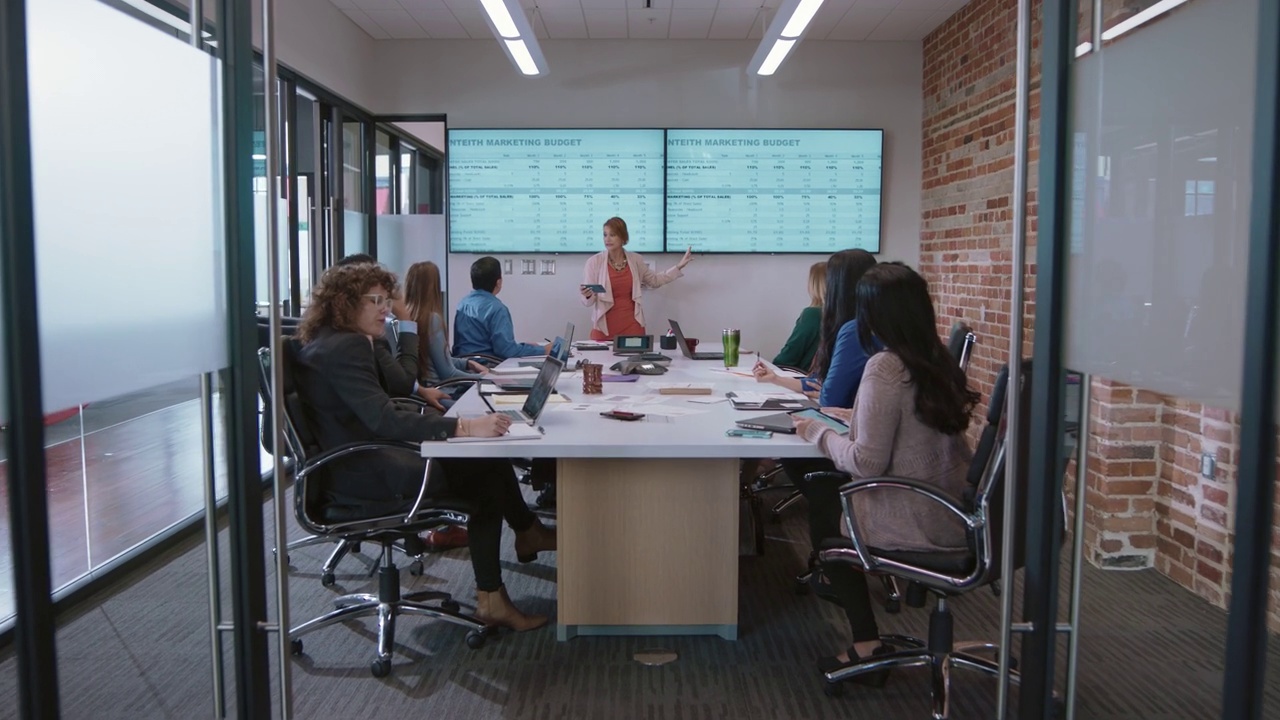 在公司董事会会议室的一次会议上，精力充沛的女商人向她形形色色的同事们讲解新的营销统计数据视频素材