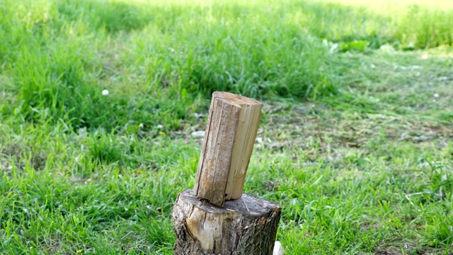 在绿草的背景上，一个人用一把黄色柄的斧头劈着木头视频下载