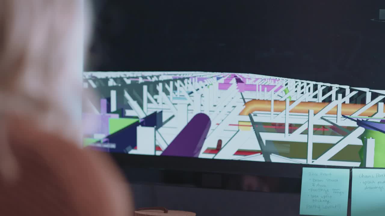CU建筑师在电脑屏幕上查看建筑的3D蓝图模型视频素材