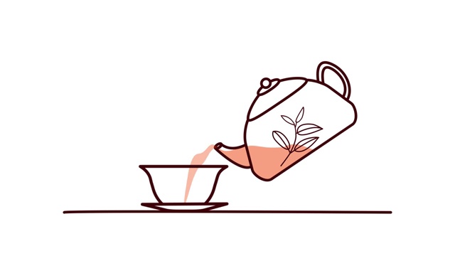 茶道。一个茶壶出现并把茶倒进杯子的线性图画。在白色背景上绘制线条的动画视频下载