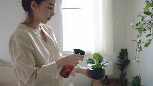 家庭爱好:时髦女性在她的房间里装饰和照料植物视频素材