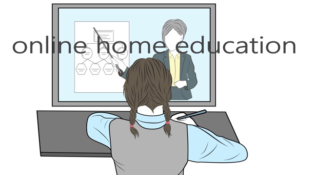 女孩在书桌前学习。老师用电脑解释。在线家庭教育。视频说明。视频下载