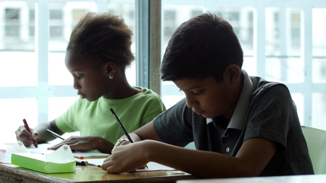 可爱的小黑人女孩和混血男孩在课堂上用蜡笔着色视频下载