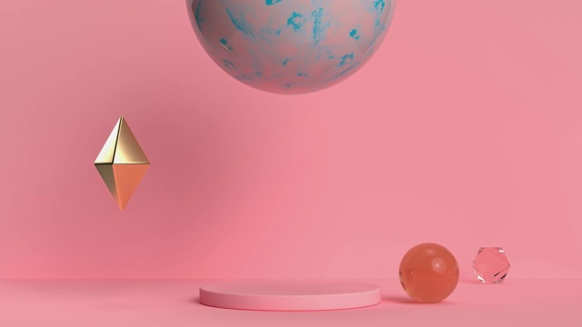 粉色场景墙地板几何形状球球三维渲染运动视频素材