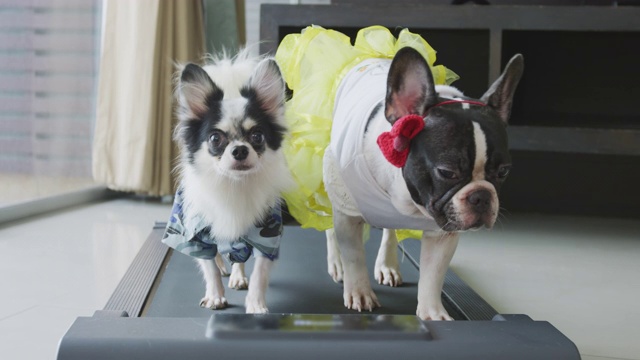 可爱的吉娃娃和法国斗牛犬在家里的跑步机上散步视频下载