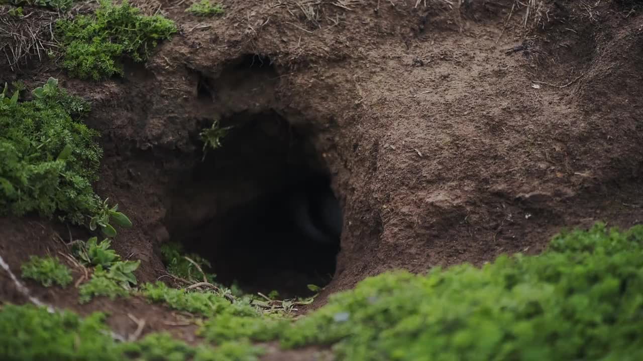 在斯科默岛，一只普通的海雀从他的洞穴里出来。中枪视频下载