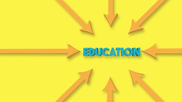 箭头指向黄色背景上的“教育”字。4 k的视频动画。视频下载