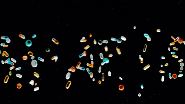 SLO MO LD“肝炎”铭文由五颜六色的药片、药丸和胶囊飞向空中视频素材