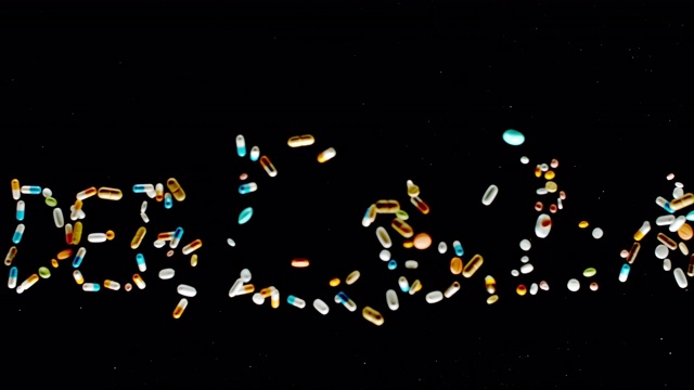 SLO MO LD“洼地”碑文用五颜六色的药片、药片和胶囊飞向空中视频素材